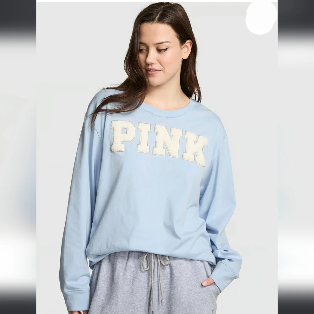PINK VS Campus Cotton Long-Sleeve Tee. Icy Blue. Size M - Picture 1 of 9